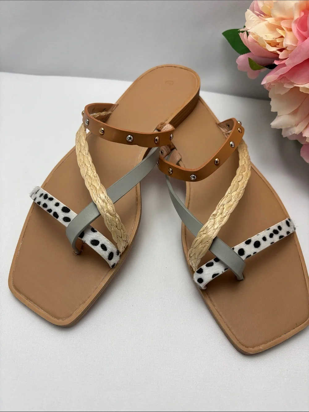 ZBY Womens 8.5 Multi-Texture Leopard Studs Strappy Slide Sandals - Tan #473
